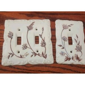 Vintage Ceramic Single And Double Light Switch Covers Hand Painted Floral Ivory
